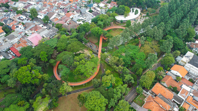 Aerial view of Tebet eco garden park Jakarta. Jakarta, Indonesia, February 6 2022