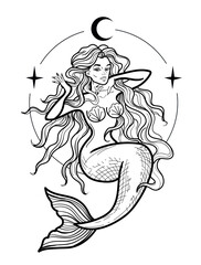 Vector illustration of vintage mermaid with moon and stars