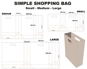 simple shopping bag, dieline vector with three sizes.  small, medium, big