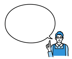 吹き出しで提案するメガネをかけた主夫
