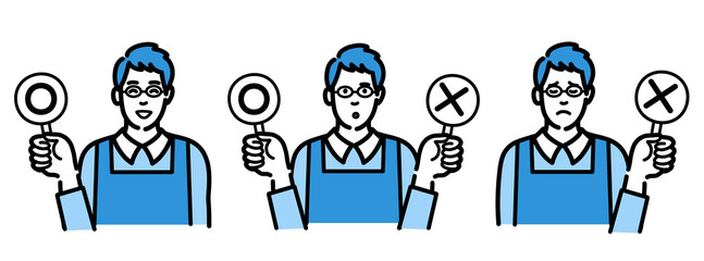 マルバツの札を持っているメガネをかけた主夫のセット
