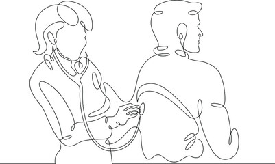 One continuous line.Doctor accepts the patient. The therapist checks the health of the patient. Doctor in the hospital. Continuous line drawing.Line Art isolated white background.