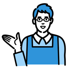 笑顔で説明をしているメガネをかけた主夫
