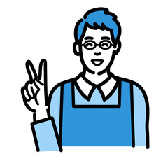 笑顔でピースサインをしているメガネをかけた主夫
