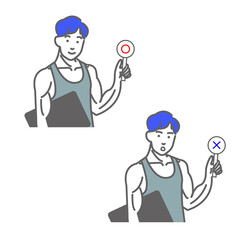 若いタンクトップを着たマッチョの男性のイエスとノーのフラグと表情セットの白バックの線画