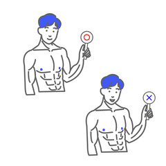 若い上半身裸のマッチョの男性のイエスとノーの表情のバリエーションのセットの白バックの線画