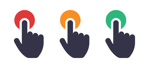 Finger push button icon. Hand pointing on button vector illustration. - obrazy, fototapety, plakaty