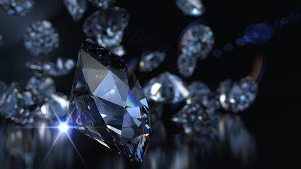 Shiny Diamonds with blue flash star light on black surface background. Concept image of luxury living, expensive things and high added value. 3D CG. High resolution.