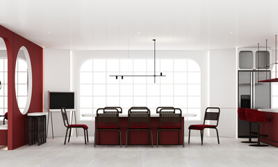 Interior of red color dining room with red velvet fabric furniture chair standing on concrete floor with feature wall decoration built-in and big windows in modern arc curve trend design 3d render