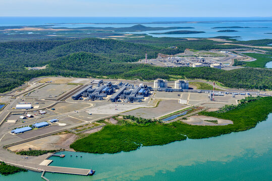 Aerial view of liquified natural gas plant and LNG ship on Curtis Island, Queensland