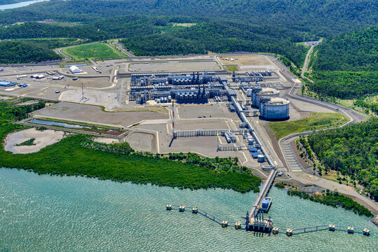 Aerial shot of liquified natural gas plants on Curtis Island, Queensland