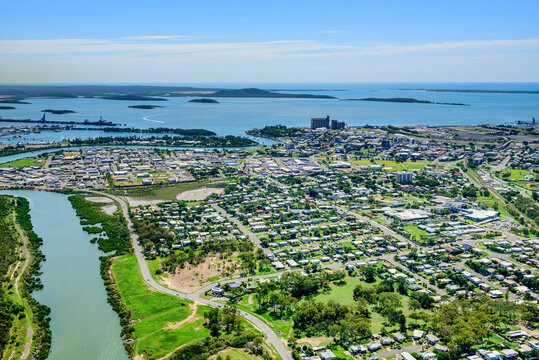 Aerial view of Gladstone city and harbor looking towards Curtis Island