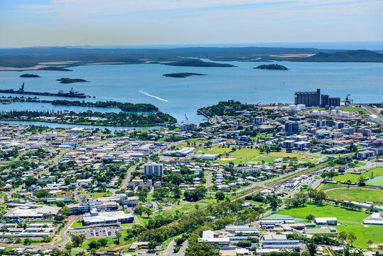 Aerial view of Gladstone city and harbor looking towards Curtis Island