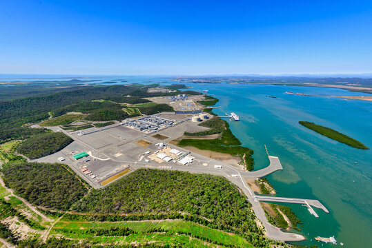 Aerial shot of Liquified natural gas plants on Curtis Island, Queensland