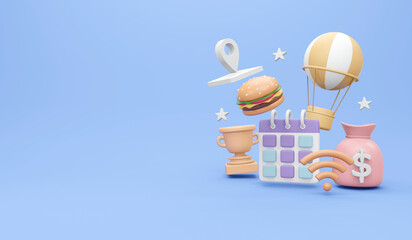 3D Rendering of Agenda element icons calendar and lifestyle icon money travel vacation and eat symbol on background concept of time management and life style work and holiday vacation. 3D render.