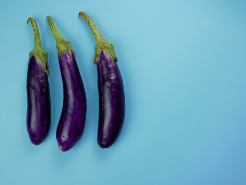 purple eggplant on a blue background. healthy food concept for diet
