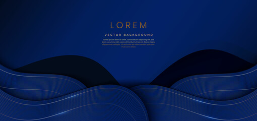 3D modern luxury template elegant dark blue color wave shape overlapping and golden curved line on dark blue background.