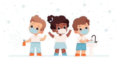 Little children in medical masks are struggling with coronavirus. Baby wash and disinfect hands. Concept of protection of children from viral diseases