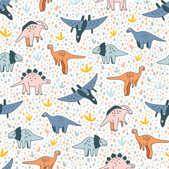 Seamless pattern with cute dinosaurs, on white background
