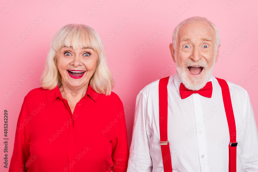 Canvas Prints portrait of attractive cheery funny amazed gray-haired couple great news reaction isolated over pink