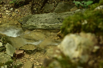 Obraz na płótnie Canvas a clean mountain river flows over calcareous stones