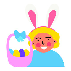 Smiling kid with Easter basket. Wearing bunny ears. Vector illustration on white background