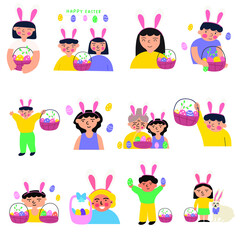 Collection of funny kids which celebrate Easter. Vector hand drawn illustrations on white background