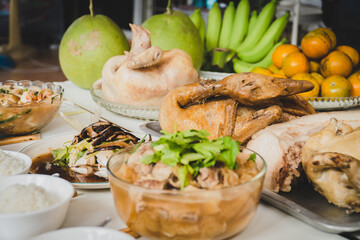 selective focus of boiled duck and any food are served with different kinds for chinese new year celebration. food for the spring festival.