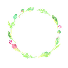 水彩で描いたベビーリーフの円フレーム