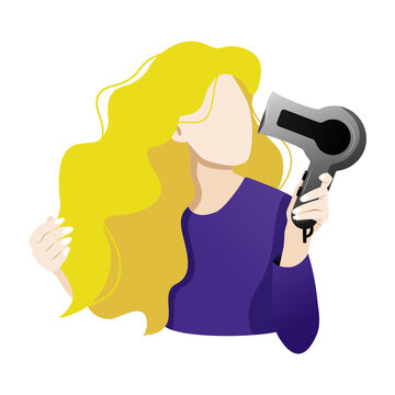 a young white woman is blow-drying her long curly blonde hair. A blonde in a purple blouse dries her hair with a hair dryer. Daily self-care procedure. Illustration in the style of "without a face"