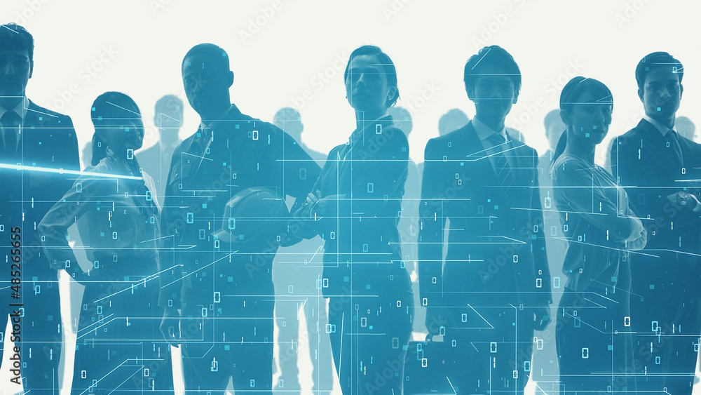 Poster A large number of multinational people and technology concept. People and communication network. Digital transformation.