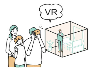 VRで内見をする若い家族
