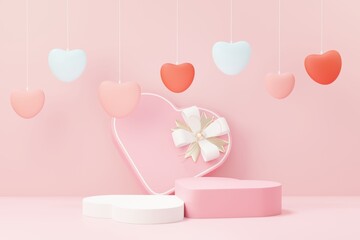 3d render minimal sweet scene with display podium for mock up and product brand presentation. Pink Pedestal stand for Valentine's Day's theme. Cute lovely heart background. Love day's design style.