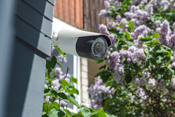 Surveillance camera, on the house and jasmine bush.