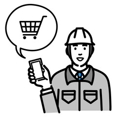 スマートフォンを持ってショッピングの説明をしているヘルメットをかぶった現場作業員の男性
