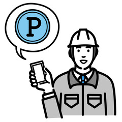 スマートフォンを持ってポイントの説明をしているヘルメットをかぶった現場作業員の男性
