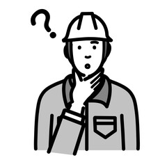 顎に手をあてて考えているヘルメットをかぶった現場作業員の男性
