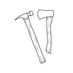 Wooden Axe and Wooden Hammer Outline Icon Illustration on White Background