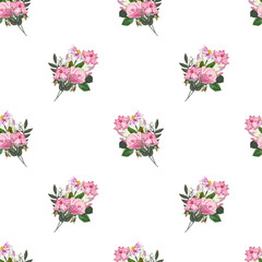 Obraz na płótnie Canvas Seamless vector pattern with floral print. Cute pink garden flowers on a white background. Design for cloth, wallpaper, gift wrapping.