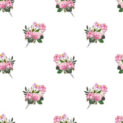 Seamless vector pattern with floral print. Cute pink garden flowers on a white background. Design for cloth, wallpaper, gift wrapping.