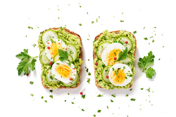 Healthy breakfast toast with avocado smash and boiled egg. isolated on white background, top view - 485268497