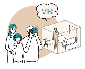 VRで内見をする若い家族