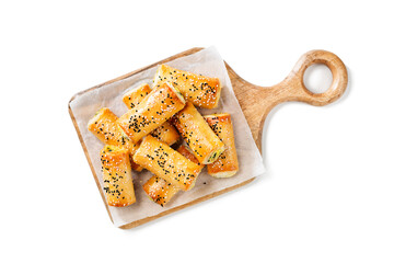 Turkish borek rolls with spinach and cheese. A traditional Turkish pastry rulo borek with black and...