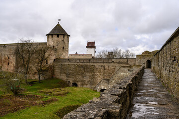 Fortress wall Ivangorod. Ivangorod fortress. History of Russia. fortress courtyard