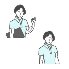 スポーツジムの制服風のポロシャツを着た筋肉質な女性のOKとイライラの表情のバリエーションのセットの白バックの線画