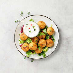 Vegetarian chickpeas falafel balls with fresh green salad. Traditional Middle Eastern and arabian food.	top view