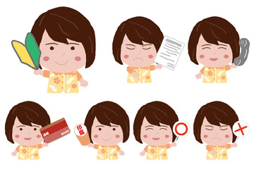 いろいろなポーズをする沖縄のかりゆしウェアを着た若い女性