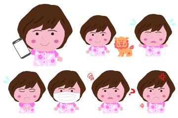 いろいろなポーズをする沖縄のかりゆしウェアを着た若い女性