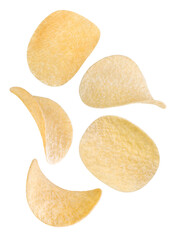 Potato chips  falling, hanging, flying, soaring isolated on white background, set for packaging design. Full depth of field.