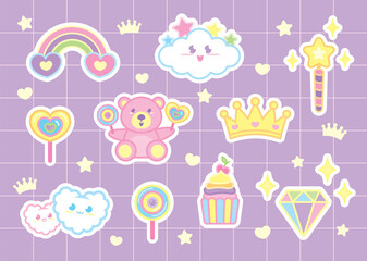 cute girly kawaii graphic elements on pastel grid pattern background